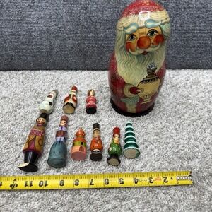 Russian Matpeha Matryoshka Doll Santa w/ figurines wooden (w/ chip figure)